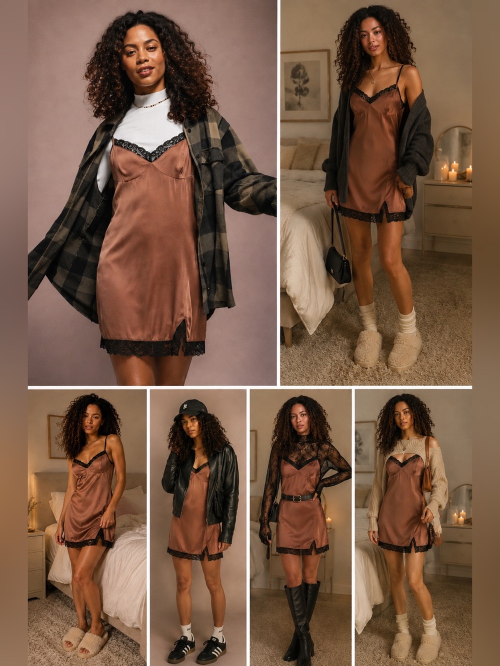 Sky and Sparrow Satin and Lace Slip Dress Brown S